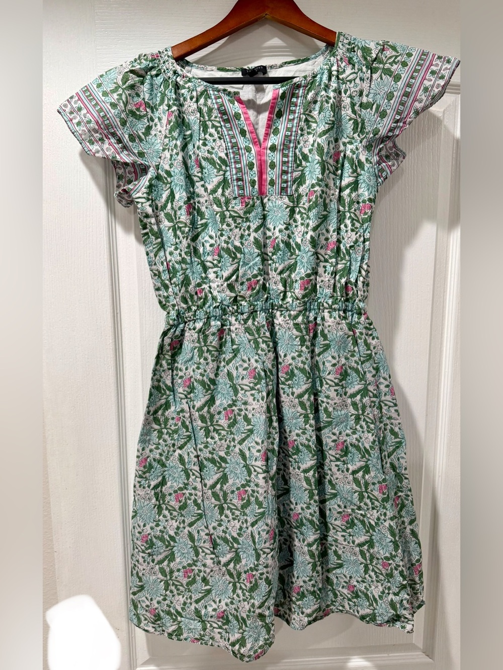 Talbots Green Floral Cotton Dress with Pink Trim size 6P